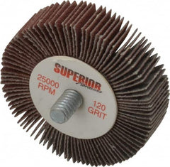 Superior Abrasives - 2" Diam x 1/2" Face Width, Fine Aluminum Oxide Coated Mounted Flap Wheel - 1/4-20 Threaded Mount, 120 Grit, X Weighted Cloth Backing, 25,000 Max RPM - Americas Industrial Supply