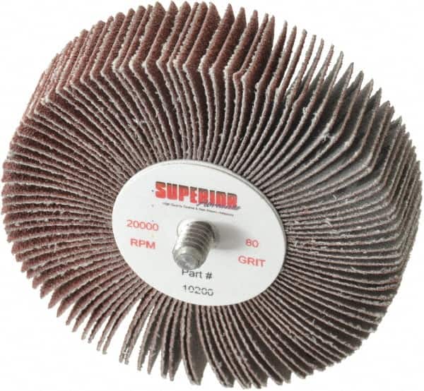 Superior Abrasives - 3" Diam x 3/4" Face Width, Medium Aluminum Oxide Coated Mounted Flap Wheel - 1/4-20 Threaded Mount, 80 Grit, 20,000 Max RPM - Americas Industrial Supply