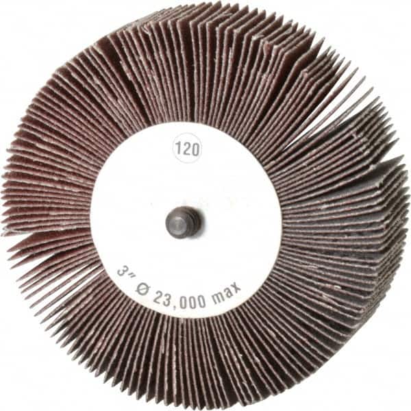 Camel Grinding Wheels - 3" Diam x 1" Face Width, Fine Aluminum Oxide Coated Mounted Flap Wheel - 1/4-20 Threaded Mount, 120 Grit, 20,000 Max RPM - Americas Industrial Supply
