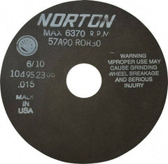 Norton - 6" 90 Grit Aluminum Oxide Cutoff Wheel - 0.015" Thick, 1-1/4" Arbor, 6,370 Max RPM, Use with Stationary Tools - Americas Industrial Supply