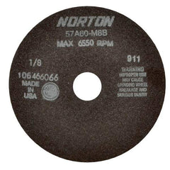 Norton - 7" 60 Grit Aluminum Oxide Cutoff Wheel - 1/8" Thick, 1-1/4" Arbor, 6,550 Max RPM, Use with Stationary Tools - Americas Industrial Supply