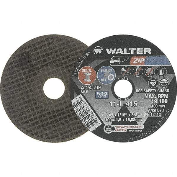 WALTER Surface Technologies - 4" 24 Grit Aluminum Oxide Cutoff Wheel - 1/16" Thick, 5/8" Arbor, 19,100 Max RPM, Use with Die Grinders - Americas Industrial Supply