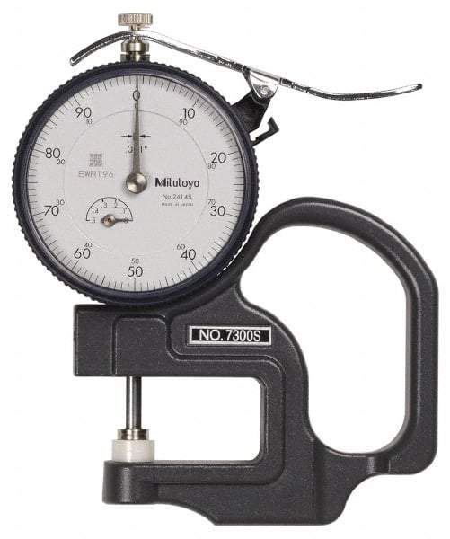 Mitutoyo - 0 to 1/2 Inch Measurement, 0.001 Inch Graduation, 1.1811 Inch Throat Depth, Dial Thickness Gage - 0.001 Inch Accuracy, 1.4 N Force, 2 Inch Dial Diameter - Americas Industrial Supply