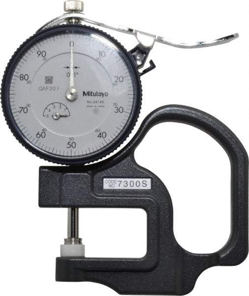 Mitutoyo - 0 to 1/2 Inch Measurement, 0.001 Inch Graduation, 1.1811 Inch Throat Depth, Dial Thickness Gage - 0.001 Inch Accuracy, 1.4 N Force, 2 Inch Dial Diameter - Americas Industrial Supply