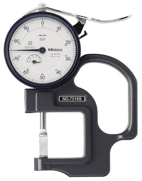 Mitutoyo - 0 to 1/2 Inch Measurement, 0.001 Inch Graduation, 1.1811 Inch Throat Depth, Dial Thickness Gage - 0.001 Inch Accuracy, 1.4 N Force, 2 Inch Dial Diameter - Americas Industrial Supply
