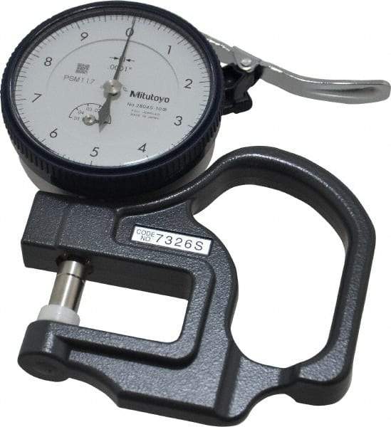 Mitutoyo - 0 to 0.05 Inch Measurement, 0.00005 Inch Graduation, 1.1811 Inch Throat Depth, Dial Thickness Gage - 0.0002 Inch Accuracy, 1.4 N Force, 2 Inch Dial Diameter - Americas Industrial Supply