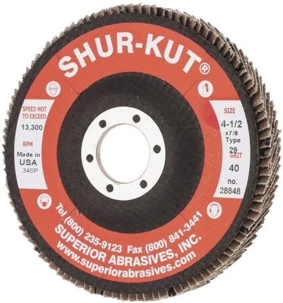 Superior Abrasives - 40 Grit, 4-1/2" Disc Diam, 7/8" Center Hole, Type 29 Zirconia Alumina Flap Disc - 13,000 Max RPM, Fiberglass Backing, Arbor Attaching System, Coated - Americas Industrial Supply
