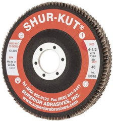 Superior Abrasives - 40 Grit, 4-1/2" Disc Diam, 7/8" Center Hole, Type 29 Zirconia Alumina Flap Disc - 13,000 Max RPM, Fiberglass Backing, Arbor Attaching System, Coated - Americas Industrial Supply