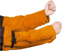 PRO-SAFE - Size Universal, Brown Leather Flame Retardant (with Adjustable Bicep Strap Wrist) - 18" Long Sleeve, Snaps at Wrist - Americas Industrial Supply