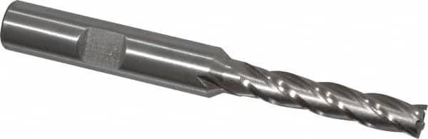Interstate - 1/4", 1-1/4" LOC, 3/8" Shank Diam, 3-1/16" OAL, 4 Flute, High Speed Steel Square End Mill - Single End, Uncoated, Spiral Flute, 30° Helix, Centercutting, Right Hand Cut, Right Hand Flute - Americas Industrial Supply