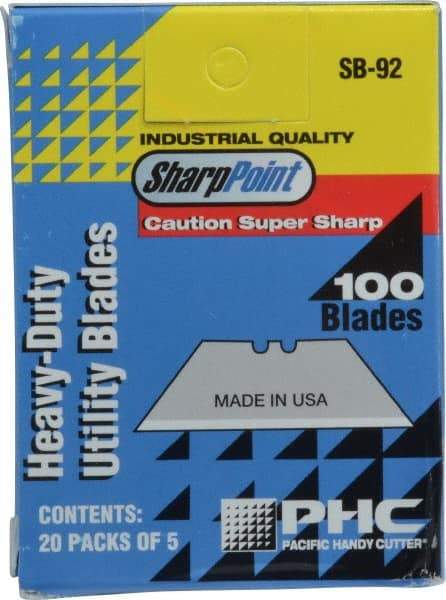 PHC - 100 Piece Carbon Steel Utility Knife Blade - 2-3/4" OAL, 0.025" Blade Thickness - Americas Industrial Supply