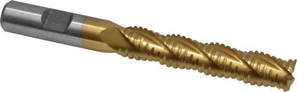 Interstate - 1/2" Diam, 2-1/2" LOC, 4 Flute Cobalt Roughing & Finishing Square End Mill - TiN Finish, 4-1/2" OAL, 1/2" Shank Diam, Weldon Shank, 30° Helix, Non-Centercutting - Americas Industrial Supply