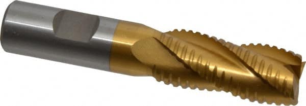 Interstate - 13/16" Diam, 1-7/8" LOC, 4 Flute Cobalt Roughing & Finishing Square End Mill - TiN Finish, 4-1/8" OAL, 3/4" Shank Diam, Weldon Shank, 30° Helix, Non-Centercutting - Americas Industrial Supply