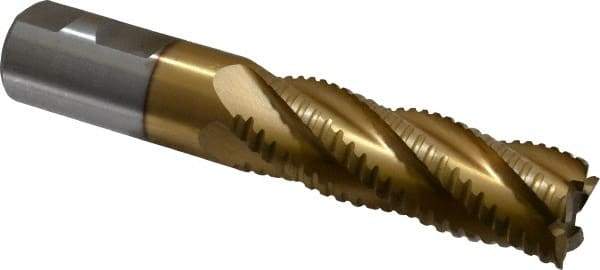 Interstate - 1" Diam, 3" LOC, 5 Flute Cobalt Roughing & Finishing Square End Mill - TiN Finish, 5-1/2" OAL, 1" Shank Diam, Weldon Shank, 30° Helix, Non-Centercutting - Americas Industrial Supply
