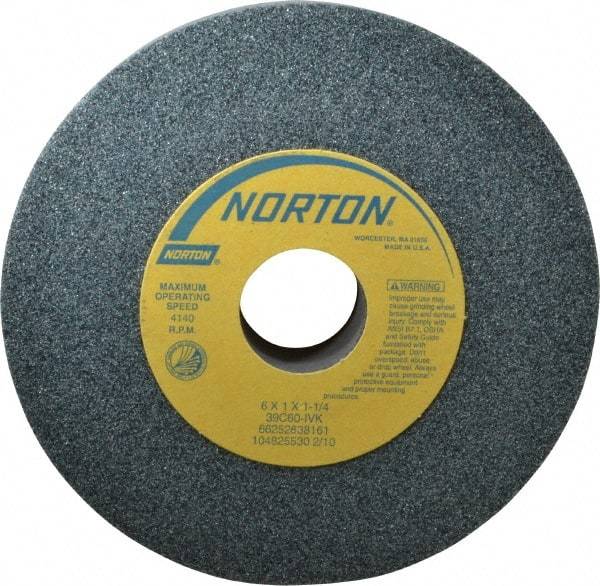 Norton - 6" Diam x 1-1/4" Hole x 1" Thick, I Hardness, 60 Grit Surface Grinding Wheel - Silicon Carbide, Type 1, Medium Grade, 4,140 Max RPM, Vitrified Bond, No Recess - Americas Industrial Supply