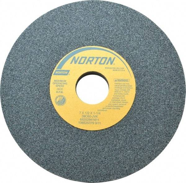 Norton - 7" Diam x 1-1/4" Hole x 1/2" Thick, J Hardness, 60 Grit Surface Grinding Wheel - Silicon Carbide, Type 1, Medium Grade, 3,600 Max RPM, Vitrified Bond, No Recess - Americas Industrial Supply