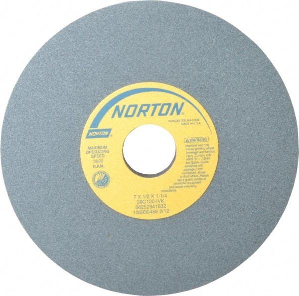 Norton - 7" Diam x 1-1/4" Hole x 1/2" Thick, I Hardness, 120 Grit Surface Grinding Wheel - Silicon Carbide, Type 1, Fine Grade, 3,600 Max RPM, Vitrified Bond, No Recess - Americas Industrial Supply