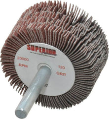 Superior Abrasives - 2" Diam x 1" Face Width, Fine Aluminum Oxide Coated Mounted Flap Wheel - 1/4" Shank Mount, 120 Grit, J Weighted Cloth Backing, 14,000 Max RPM - Americas Industrial Supply