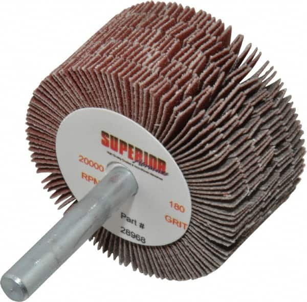 Superior Abrasives - 2" Diam x 1" Face Width, Very Fine Aluminum Oxide Coated Mounted Flap Wheel - 1/4" Shank Mount, 180 Grit, J Weighted Cloth Backing, 14,000 Max RPM - Americas Industrial Supply