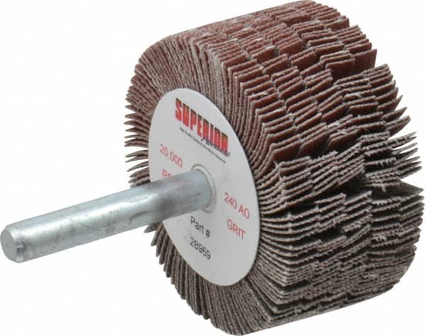 Superior Abrasives - 2" Diam x 1" Face Width, Very Fine Aluminum Oxide Coated Mounted Flap Wheel - 1/4" Shank Mount, 240 Grit, J Weighted Cloth Backing, 14,000 Max RPM - Americas Industrial Supply