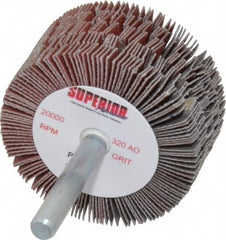Superior Abrasives - 2" Diam x 1" Face Width, Extra Fine Aluminum Oxide Coated Mounted Flap Wheel - 1/4" Shank Mount, 320 Grit, J Weighted Cloth Backing, 14,000 Max RPM - Americas Industrial Supply