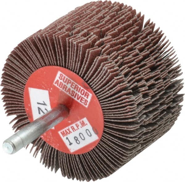 Superior Abrasives - 2-1/2" Diam x 1-1/2" Face Width, Fine Aluminum Oxide Coated Mounted Flap Wheel - 1/4" Shank Mount, 120 Grit, J Weighted Cloth Backing, 9,000 Max RPM - Americas Industrial Supply