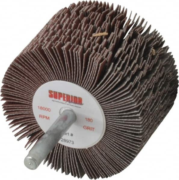 Superior Abrasives - 2-1/2" Diam x 1-1/2" Face Width, Very Fine Aluminum Oxide Coated Mounted Flap Wheel - 1/4" Shank Mount, 180 Grit, J Weighted Cloth Backing, 9,000 Max RPM - Americas Industrial Supply
