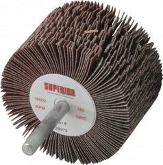 Superior Abrasives - 2-1/2" Diam x 1-1/2" Face Width, Very Fine Aluminum Oxide Coated Mounted Flap Wheel - 1/4" Shank Mount, 180 Grit, J Weighted Cloth Backing, 9,000 Max RPM - Americas Industrial Supply