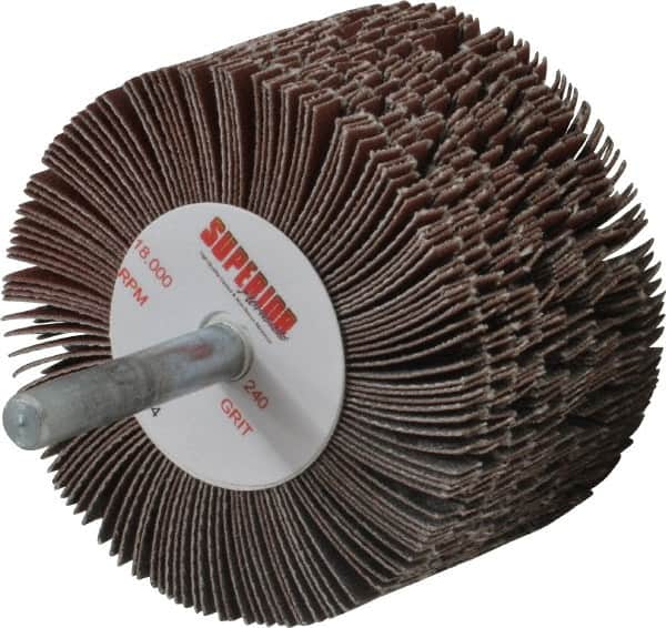 Superior Abrasives - 2-1/2" Diam x 1-1/2" Face Width, Very Fine Aluminum Oxide Coated Mounted Flap Wheel - 1/4" Shank Mount, 240 Grit, J Weighted Cloth Backing, 9,000 Max RPM - Americas Industrial Supply