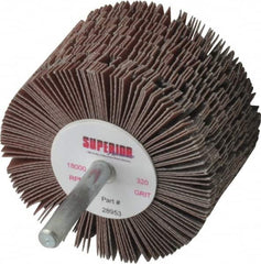 Superior Abrasives - 2-1/2" Diam x 1-1/2" Face Width, Extra Fine Aluminum Oxide Coated Mounted Flap Wheel - 1/4" Shank Mount, 320 Grit, J Weighted Cloth Backing, 9,000 Max RPM - Americas Industrial Supply