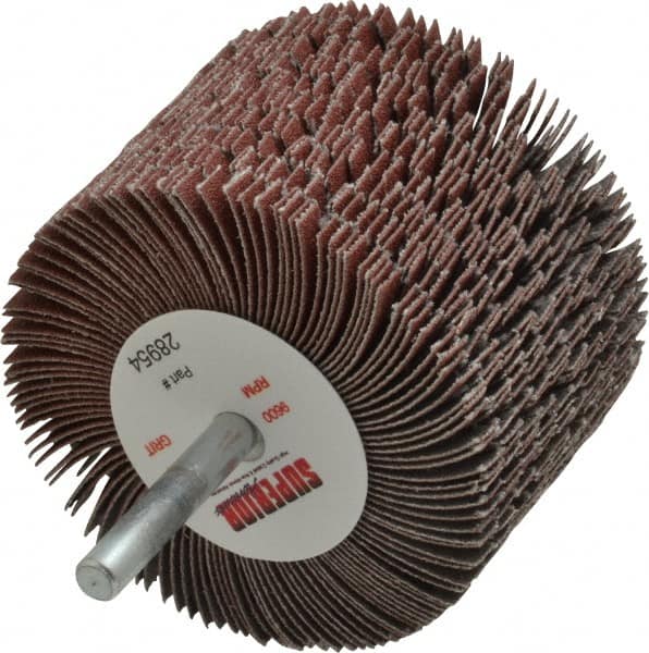 Superior Abrasives - 3" Diam x 2" Face Width, Fine Aluminum Oxide Coated Mounted Flap Wheel - 1/4" Shank Mount, 120 Grit, J Weighted Cloth Backing, 6,000 Max RPM - Americas Industrial Supply