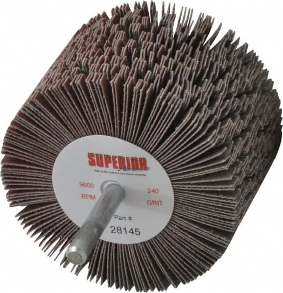 Superior Abrasives - 3" Diam x 2" Face Width, Very Fine Aluminum Oxide Coated Mounted Flap Wheel - 1/4" Shank Mount, 240 Grit, J Weighted Cloth Backing, 6,000 Max RPM - Americas Industrial Supply