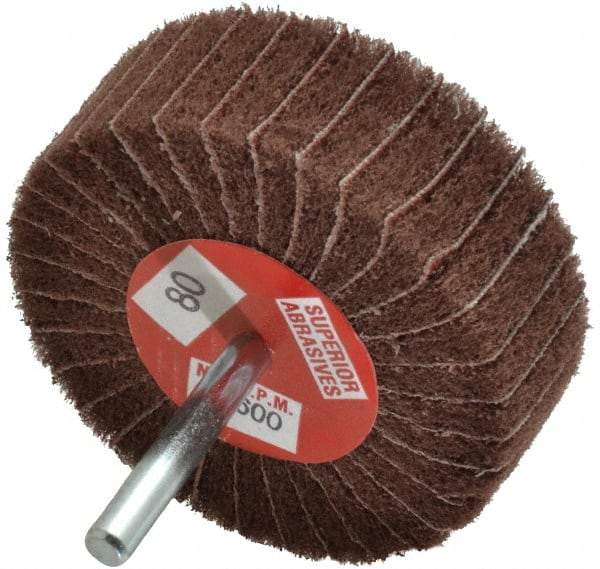 Superior Abrasives - 3" Diam x 1" Face Width, Medium Aluminum Oxide Coated Mounted Flap Wheel - 1/4" Shank Mount, 80 Grit, Interleaf, 8,000 Max RPM - Americas Industrial Supply