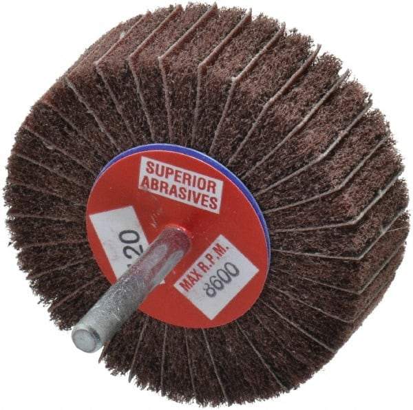 Superior Abrasives - 3" Diam x 1" Face Width, Fine Aluminum Oxide Coated Mounted Flap Wheel - 1/4" Shank Mount, 120 Grit, Interleaf, 8,000 Max RPM - Americas Industrial Supply