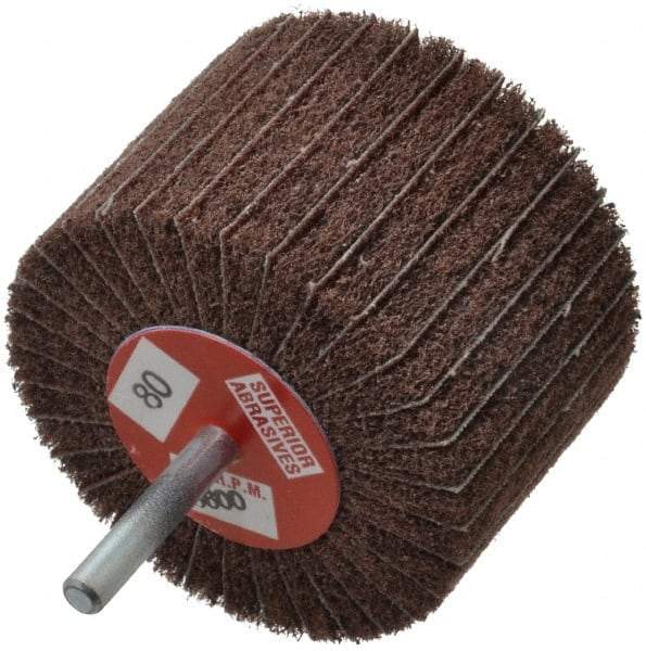 Superior Abrasives - 3" Diam x 2" Face Width, Medium Aluminum Oxide Coated Mounted Flap Wheel - 1/4" Shank Mount, 80 Grit, Interleaf, 8,000 Max RPM - Americas Industrial Supply