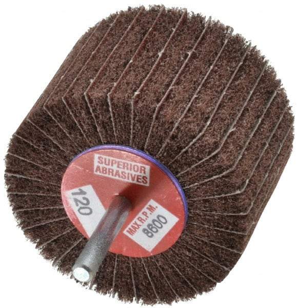Superior Abrasives - 3" Diam x 2" Face Width, Fine Aluminum Oxide Coated Mounted Flap Wheel - 1/4" Shank Mount, 120 Grit, Interleaf, 8,000 Max RPM - Americas Industrial Supply