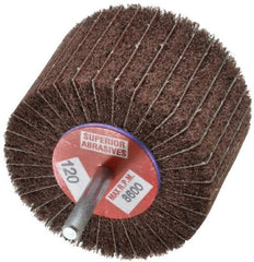 Superior Abrasives - 3" Diam x 2" Face Width, Fine Aluminum Oxide Coated Mounted Flap Wheel - 1/4" Shank Mount, 120 Grit, Interleaf, 8,000 Max RPM - Americas Industrial Supply