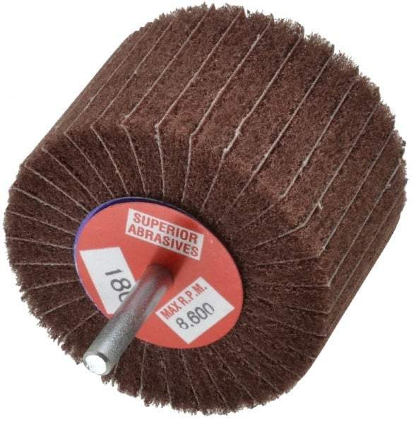 Superior Abrasives - 3" Diam x 2" Face Width, Very Fine Aluminum Oxide Coated Mounted Flap Wheel - 1/4" Shank Mount, 180 Grit, Interleaf, 8,000 Max RPM - Americas Industrial Supply