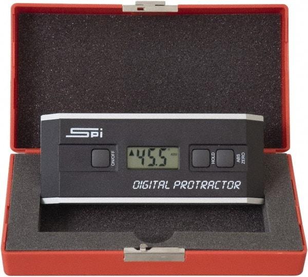 SPI - 360° Measuring Range, Dial Protractor - Accuracy Up to 0.10 at 0 -10 and 0.10 at 80 to 90°, 1.5V Battery Included - Americas Industrial Supply