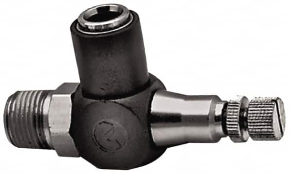 Norgren - 1/2" Tube Inlet x 1/2" NPTF Outlet Right Angle Adjustable Flow Control Valve - 5 to 150 psi, Needle Valve & Thermoplastic Material - Americas Industrial Supply