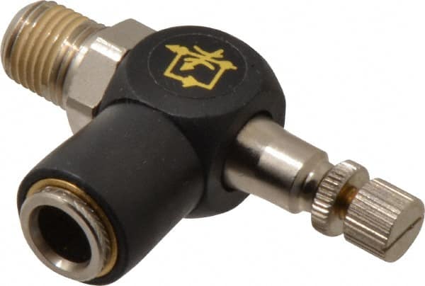 Norgren - 3/8" Tube Inlet x 1/4" NPTF Outlet Right Angle Adjustable Flow Control Valve - 5 to 150 psi, Needle Valve & Thermoplastic Material - Americas Industrial Supply