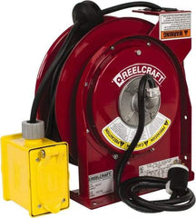 Reelcraft - 12 AWG, 45' Cable Length, Cord & Cable Reel with Duplex GFCI Outlet Box End - 2 Outlets, NEMA 5-20R, 20 Amps, 125 Volts, SJEOOW Cable, Red Reel - Americas Industrial Supply