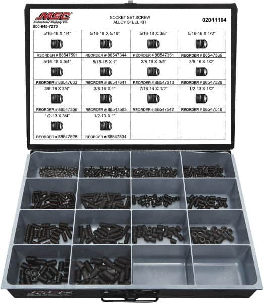 Value Collection - 500 Piece, 5/16 to 1/2, Steel Set Screw Assortment - Socket Cap Head, Hex Socket Drive, 1 to 3/4" Long - Americas Industrial Supply