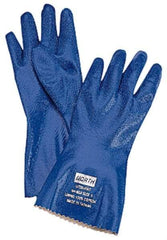 North - Size M (8), 12" Long, Supported, Nitrile Chemical Resistant Gloves - Textured Finish, Interlock Knit Lined, Gauntlet Pinked Cuff, Blue, FDA Approved - Americas Industrial Supply