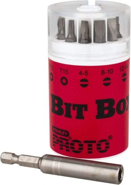 Proto - 10 Piece, 1/4" Drive Screwdriver Insert Bit Set - #1, #2 & #3 Phillips, T10 & T15 Torx, 4F-5R, 8F-10R & 10F-12R Slotted - Americas Industrial Supply