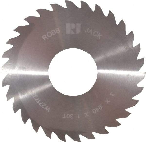 RobbJack - 3" Diam x 0.04" Blade Thickness x 1" Arbor Hole Diam, 30 Tooth Slitting and Slotting Saw - Arbor Connection, Right Hand, Uncoated, Solid Carbide, Concave Ground - Americas Industrial Supply