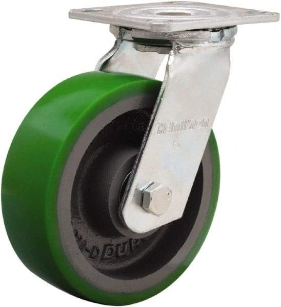 Hamilton - 6" Diam x 2" Wide x 7-1/2" OAH Top Plate Mount Swivel Caster - Polyurethane Mold onto Cast Iron Center, 1,200 Lb Capacity, Sealed Precision Ball Bearing, 4 x 4-1/2" Plate - Americas Industrial Supply