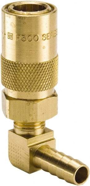 Parker - Nonthreaded Brass Hydraulic Hose Hose Barb Coupler & 90° Fitting - 200 psi, 3 GPM, 1/4" Hose Diam, Series Moldmate - Americas Industrial Supply