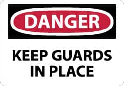 NMC - Accident Prevention Label, Header: DANGER - Legend: Danger - Keep Guards in Place, English, Red, Black & White, 5" Long x 3" High, Sign Muscle Finish - Americas Industrial Supply