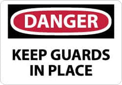 NMC - Accident Prevention Label, Header: DANGER - Legend: Danger - Keep Guards in Place, English, Red, Black & White, 5" Long x 3" High, Sign Muscle Finish - Americas Industrial Supply